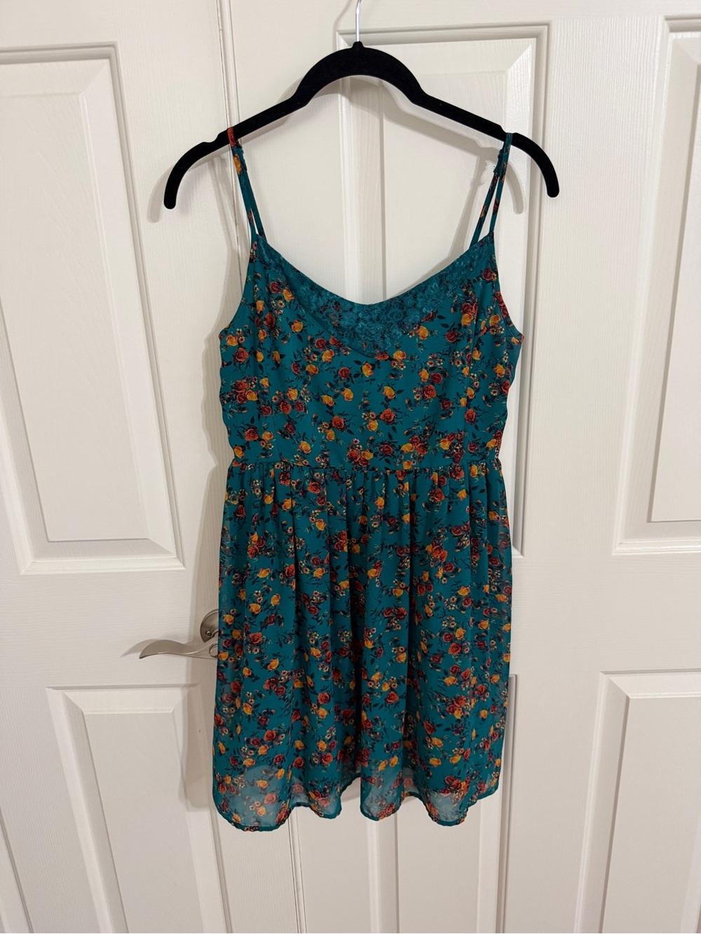 Arizona Jean Co M Teal Floral Lace Trim Dress Smocked Back Cottagecore